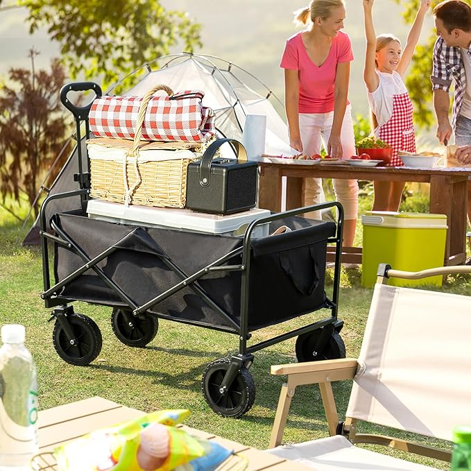 Collapsible Folding Wagon Cart with All-Terrain Wheels, Foldable Lightweight Utility Cart with Adjustable Handle, Portable Grocery Shopping Cart on Wheels for Beach, Garden, Camping, Sports, Black