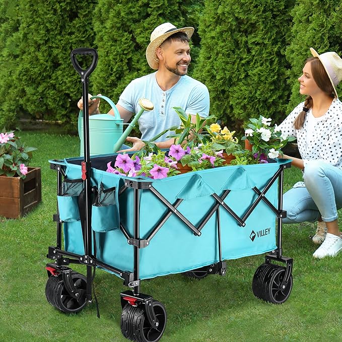 VILLEY Collapsible Folding Wagon with Big Wheels, All Terrain Beach Wagon Cart Heavy Duty Foldable, Enlarged 225lbs Capacity, Portable Utility Garden Cart with 2 Cup Holders and Brake, Blue