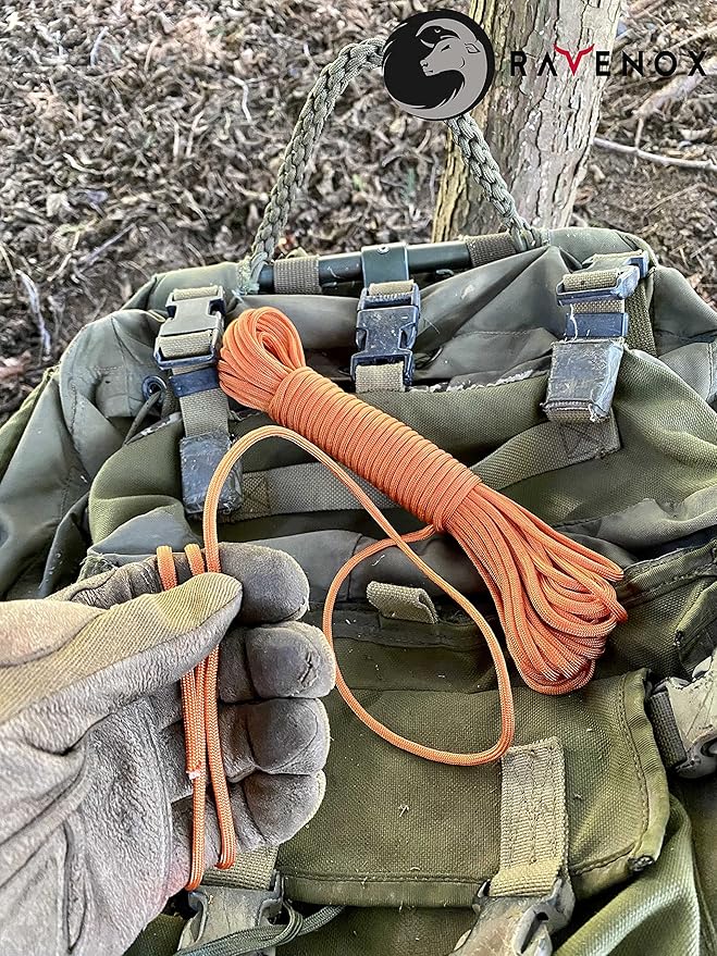 Ravenox Type III 550 Paracord | Genuine Military 550 Cord (Orange)(50 Feet)| 7 Inner Strand, 100% Twisted Nylon Cordage | Parachute Cord Rope for Military, Survival, Outdoor Recreation | Made in USA