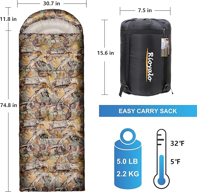 0 Degree Winter Sleeping Bags for Adults Camping (450GSM) - Temp Range (5F–32F) Portable Waterproof Compression Sack- Camping Sleeping Bags for Big and Tall in Env Hoodie: Backpacking Hiking 4 Season