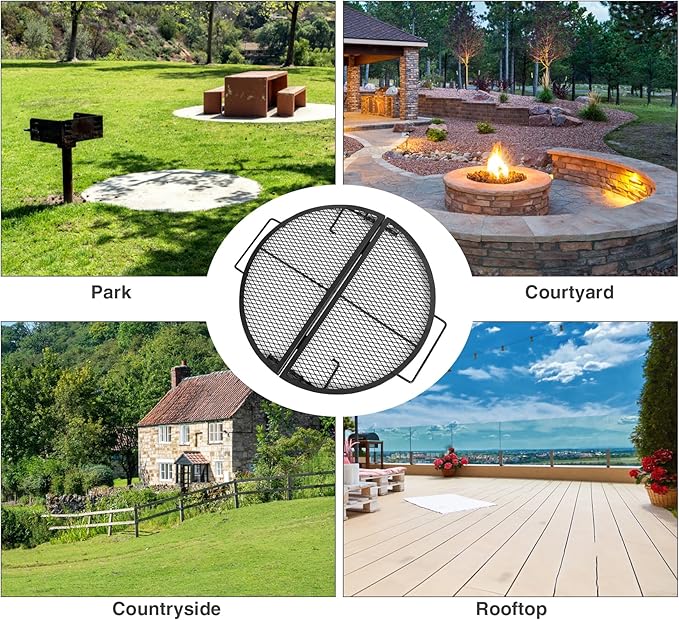 Lineslife X-Marks Fire Pit Cooking Grill Grates Portable, Heavy Duty Folding Round Campfire Grill Grate, Firepit Grill Grate with Handles for Outdoor BBQ Picnic, Black 24 Inch