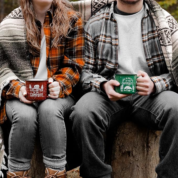 Camco Life is Better at The Campsite Ceramic Coffee Mug 4-Pack - Microwave and Dishwasher Safe - Features Camping & RVing Designs - Coffee Cups Holds 14oz. (53357)