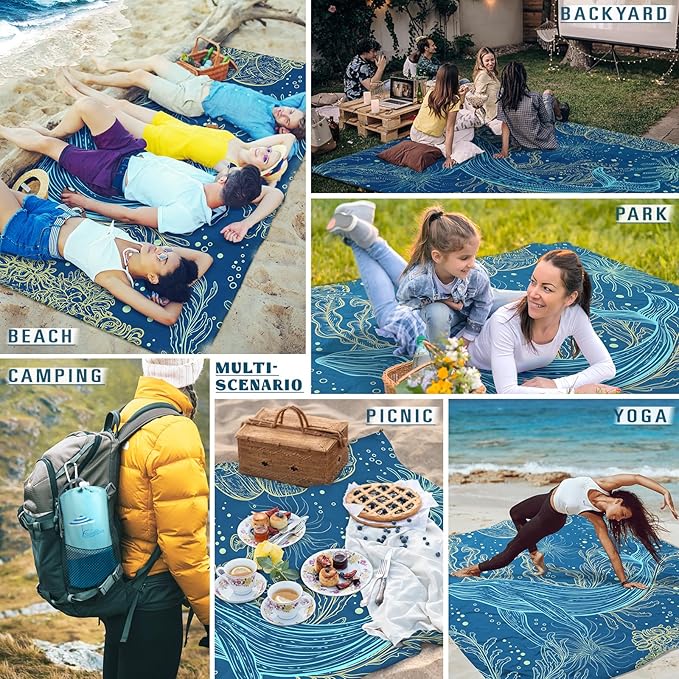 Beach Blanket Sandproof Waterproof 78''×81''1-5Adults Oversized,Compact Lightweight Durable Beach Mat for Travel Camping Hiking Picnic Blanket