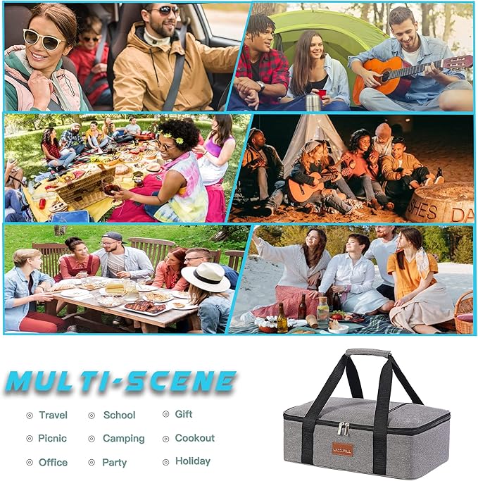 Lunch Bag Insulated Thermal Food Carrier Insulated Casserole Carrier for Hot or Cold Food,Insulated Tote Bag for Potluck Cookouts Parties Picnic, Lasagna Lugger,Fits 9"x13" Baking Pan,Gray