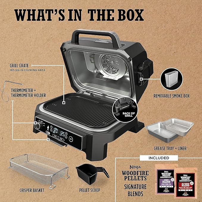 Ninja, Woodfire Pro XL Outdoor Grill & Smoker, Thermometer, 4-in-1 Master Grill, BBQ Smoker, Outdoor Air Fryer, Bake, Portable, Electric Grill, Dark Grey, OG850