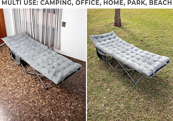 Zento Camping Cot and Mattress Folding Outdoor Travel Bed - Heavy Duty Max Load 450 LBS Premium Quality Cot Bed with Pad for Comfort Sleeping for Travel Home and Anytime Use