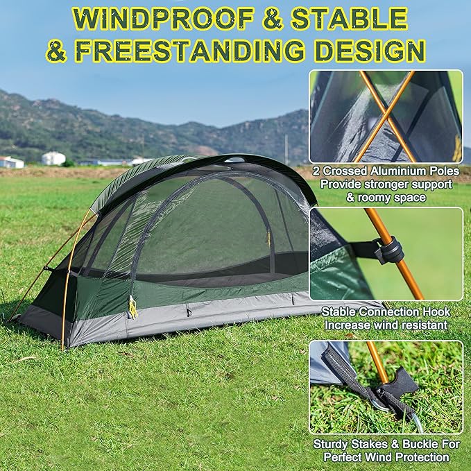 1 Person Backpacking Tent, Waterproof 4 Season Tent, Lightweight Cold Weather Tent Easy Setup for Winter Hiking, Camping, Hunting