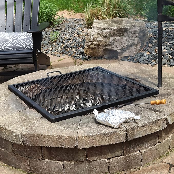 Sunnydaze X-Marks Fire Pit Cooking Grate - Outdoor Square Black Steel BBQ Campfire Grill with Handles - 30-Inch