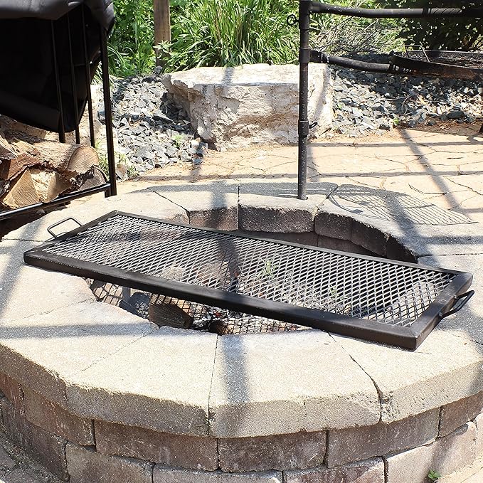 Sunnydaze X-Marks Fire Pit Cooking Grate - Outdoor Rectangle Black Steel BBQ Campfire Grill with Handles - 40-Inch