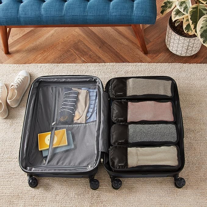 Amazon Basics Slim Packing Cubes for Travel, Packing Organizers, 4-Piece-Set With Double Zipper Pulls and Mesh Top Panel, 100% Durable Polyester, Black, 14"L x 5"W x 3"H