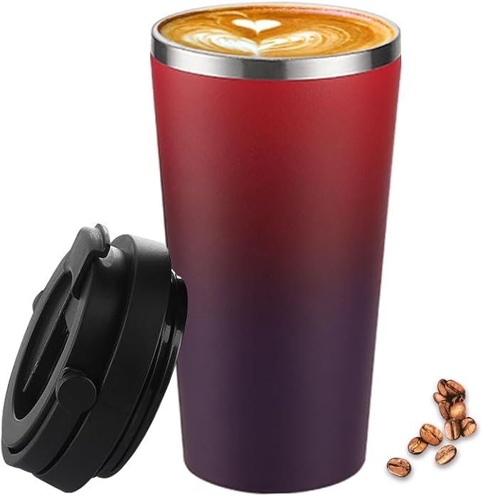 Funkrin Insulated Coffee Mug with Ceramic Coating, 16oz Iced Coffee Tumbler Cup with Flip Lid and Handle, Double Wall Vacuum Leak-Proof Travel Mug for Office School Party Camping