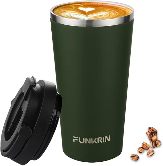 Funkrin Insulated Coffee Mug with Ceramic Coating, 16oz Iced Coffee Tumbler Cup with Flip Lid and Handle, Double Wall Vacuum Leak-Proof Travel Mug for Office School Party Camping