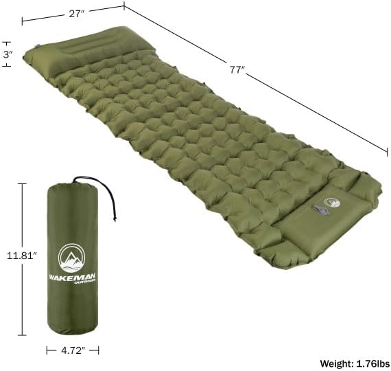 Wakeman Sleeping Pad for Camping - Inflatable Mat with Built-in Foot Pump - Waterproof Camp Mattress - Camping Gear Must Haves Outdoors (Olive)