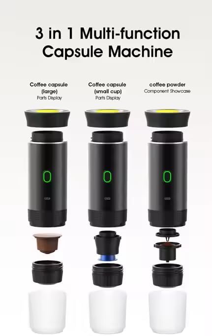 Portable Espresso Maker – Mini Travel Coffee Maker– Compact Portable Coffee Maker for Travel, Home, or Camping - USB-C 12V Powered, 15 Bar Pressure, 1560W