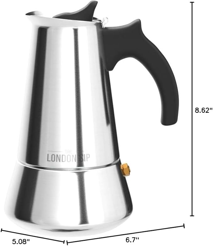 London Sip Stainless Steel Stovetop Espresso Maker Moka Pot Italian Coffee Percolator, Silver, Large (16.9 oz)