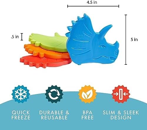 Fit & Fresh Cool Coolers Kids Lunch Box Ice Packs, Slim Ice Packs for Lunch Bags, Lunch Ice Packs Reusable-Multicolored 8 Pack Dino