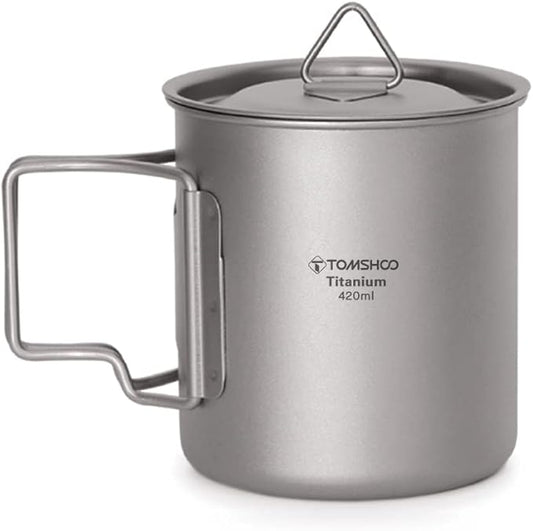 TOMSHOO Titanium Camping Pot and Outdoor Mug With Lid - Coffee Cup With Foldable Handle for Hiking, Travelling, Backpacking, and Open Fire