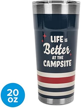 Camco Life is Better at The Campsite Wrapped Tumbler | Features Unique Life is Better at The Campsite Tan Text Design with Dark Blue Background, Red Stars and Tan/Red Stripes | 20 oz. (53326)