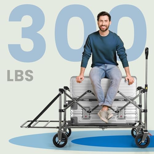 Overmont 200L Collapsible Wagon with Tailgate - 49.2" Extended Heavy Duty Foldable Utility Wagon Folding Cart with All-Terrain Wheels for Outdoor Camping Sports Garden Beach Grocery - 300lbs Support