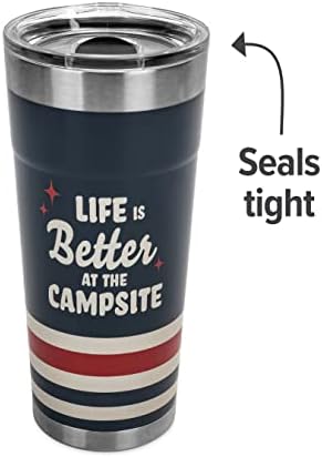 Camco Life is Better at The Campsite Wrapped Tumbler | Features Unique Life is Better at The Campsite Tan Text Design with Dark Blue Background, Red Stars and Tan/Red Stripes | 20 oz. (53326)
