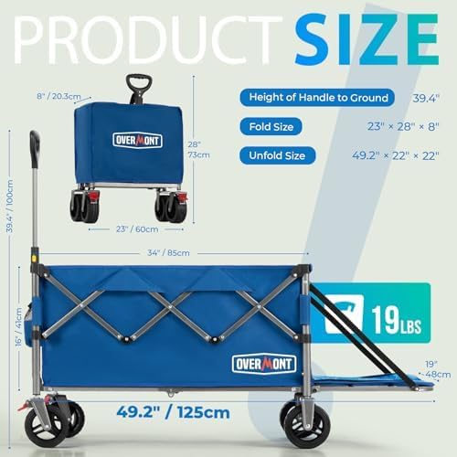 Overmont 200L Collapsible Wagon with Tailgate - 49.2" Extended Heavy Duty Foldable Utility Wagon Folding Cart with All-Terrain Wheels for Outdoor Camping Sports Garden Beach Grocery - 300lbs Support