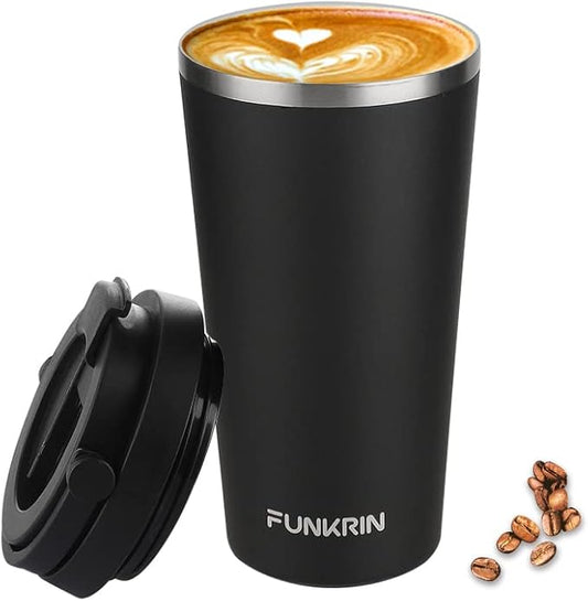 Funkrin Insulated Coffee Mug with Ceramic Coating, 16oz Iced Coffee Tumbler Cup with Flip Lid and Handle, Double Wall Vacuum Leak-Proof Travel Mug for Office School Party Camping