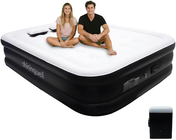 Queen Air Mattress with Portable Air Pump (2000mA) and 2 Inflatable Pillows, 19" High Self-Inflation Inflatable Mattress, Comfortable Blow up Mattress, Air Bed for Camping, Home and Guest