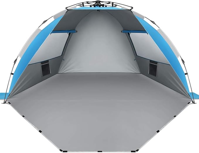 Oileus X-Large 4 Person Beach Tent Sun Shelter - Portable Sun Shade Instant Tent for Beach with Carrying Bag, Stakes, 6 Sand Pockets, Anti UV for Fishing Hiking Camping, Waterproof Windproof, Blue