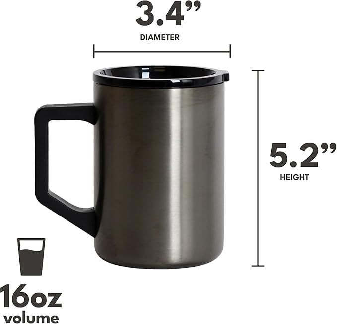 Elemental Insulated Coffee Mug - Triple-Wall Stainless Steel Summit Travel Cup for Hot and Cold Drinks - Thermal Coffee Mug with Lid and Handle for Camping, Office & Travel 16oz - Gunmetal