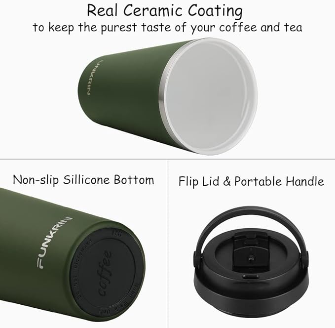 Funkrin Insulated Coffee Mug with Ceramic Coating, 16oz Iced Coffee Tumbler Cup with Flip Lid and Handle, Double Wall Vacuum Leak-Proof Travel Mug for Office School Party Camping