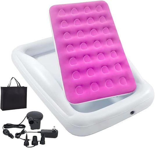 Inflatable Kids Travel Bed Toddler Air Mattress Set,Portable Blow Up Mattress Sleeping Bed Cot with Bed Rails and Electric Pump Ideal for Road Trip
