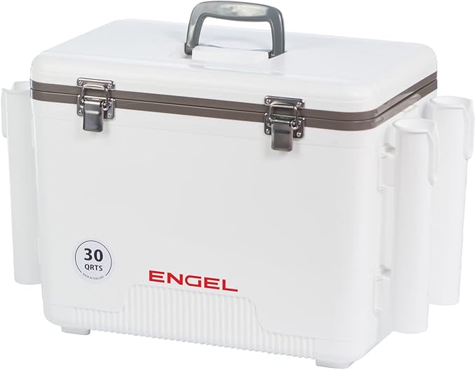Engel UC30 30qt Leak-Proof, Air Tight, Fishing Drybox Cooler with Built-in Fishing Rod Holders, Also Makes The Perfect Hard Shell Lunchbox for Men and Women in White