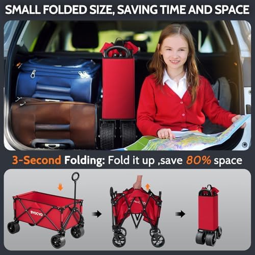 Collapsible Folding Wagon Cart, Heavy Duty Wagon Foldable with 330lbs Weight Capacity, Utility Garden Cart, Beach Wagons with All-Terrain Wheels for Camping, Sports, Shopping, Red