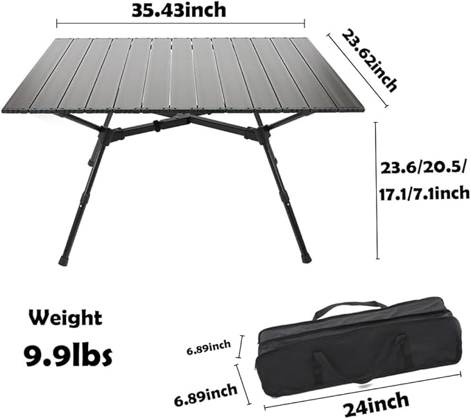 Height Adjustable Folding Camping Table Outdoor Lightweight Aluminum Tables of 4 Positions Ultralight Aluminum Frame Compact with Carry Bag for Camp, Beach, Picnic