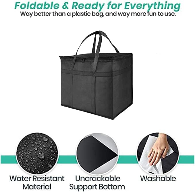 NZ home XXL Insulated Cooler Bag and Food Warmer for Delivery & Grocery Shopping with Zippered Top, Black (1 pack)