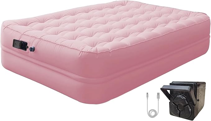 Queen Air Mattress with Built-in Rechargeable Battery Pump, Cooling Pongee Fabric Material, Waterproof & Leakproof Air Mattress Queen, Camping Airbed, (18", Pink)