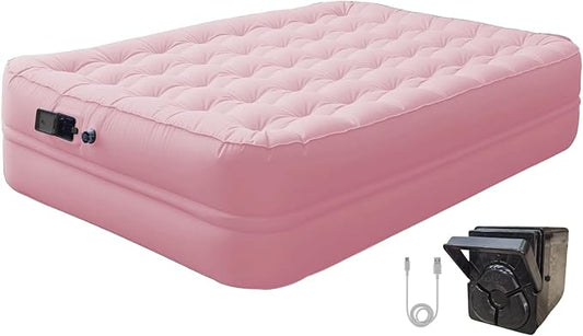 Queen Air Mattress with Built-in Rechargeable Battery Pump, Cooling Pongee Fabric Material, Waterproof & Leakproof Air Mattress Queen, Camping Airbed, (18", Pink)