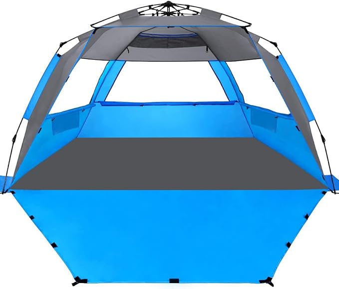 WhiteFang Deluxe Pop Up Beach Tent Sun Shade Shelter for 3-4/5-6 Person, UV Protection, Extendable Floor with 3 Ventilating Windows Plus Carrying Bag, Stakes, and Guy Lines