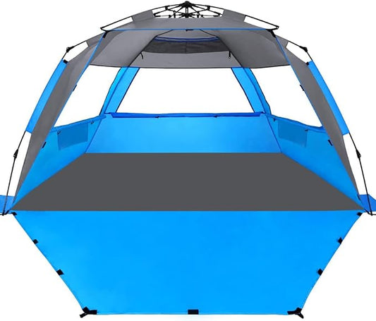 WhiteFang Deluxe Pop Up Beach Tent Sun Shade Shelter for 3-4/5-6 Person, UV Protection, Extendable Floor with 3 Ventilating Windows Plus Carrying Bag, Stakes, and Guy Lines
