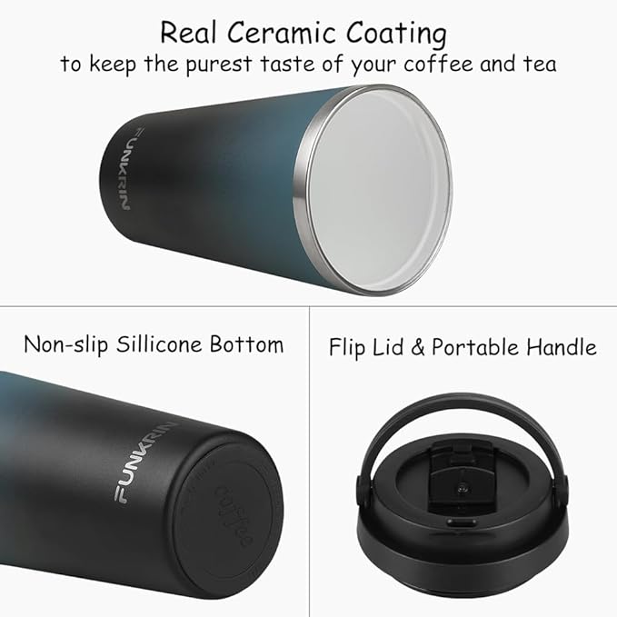 Funkrin Insulated Coffee Mug with Ceramic Coating, 16oz Iced Coffee Tumbler Cup with Flip Lid and Handle, Double Wall Vacuum Leak-Proof Travel Mug for Office School Party Camping