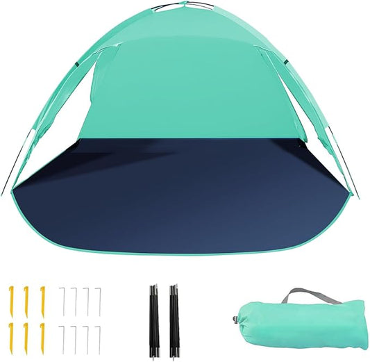 Beach Tent for 3-4 People, UPF50+ Sun Shelter with Breathable 3-Zipper Door Design, 8.0mm Reinforced Fiberglass Poles, Portable Shade Canopy for Beach & Camping (Green)