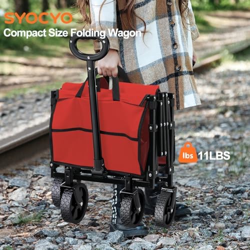 Collapsible Wagon Cart 360lbs Beach Foldable Wagon Lightweight & Portable Folding Utility Grocery Shopping Carts with Wheels for Shopping Sports Garden Camping Red