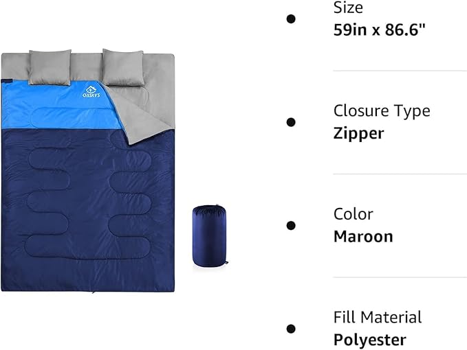 oaskys Double Sleeping Bag for Adults with 2 Pillows - Queen Size XL Waterproof Sleeping Bag for All Season Camping Hiking Backpacking 2 Person Sleeping Bags for Cold Weather & Warm