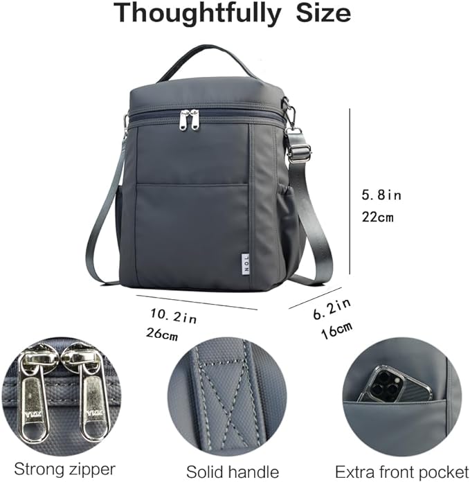 NOL Natural Organic Lifestyle Insulated Lunch Bags for Women Cooler Bag Lightweight Nylon Waterproof Lunch Box For Work (Dark gray, Large)