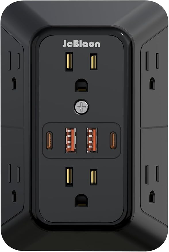 Outlet Extender Surge Protector - 6 Outlet Splitter with 4 USB Ports (2 USB C), Multiple Plug Expander Wall Charger, 3 Sided Multi Plug Wall Adapter Power Strip for Home Office Kitchen Travel Black