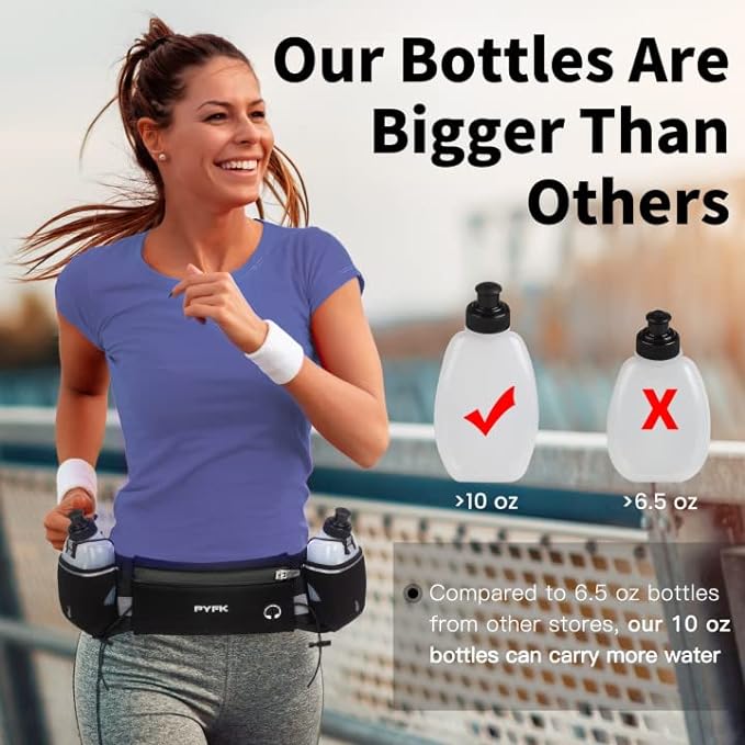 PYFK Upgraded Running Belt with Water Bottles, Hydration Belt for Men and Women, Water Bottle Holder Running Pouch Belt, Fanny Pack Fits 7 inches Phones, Waist pack for Running Hiking Climbing