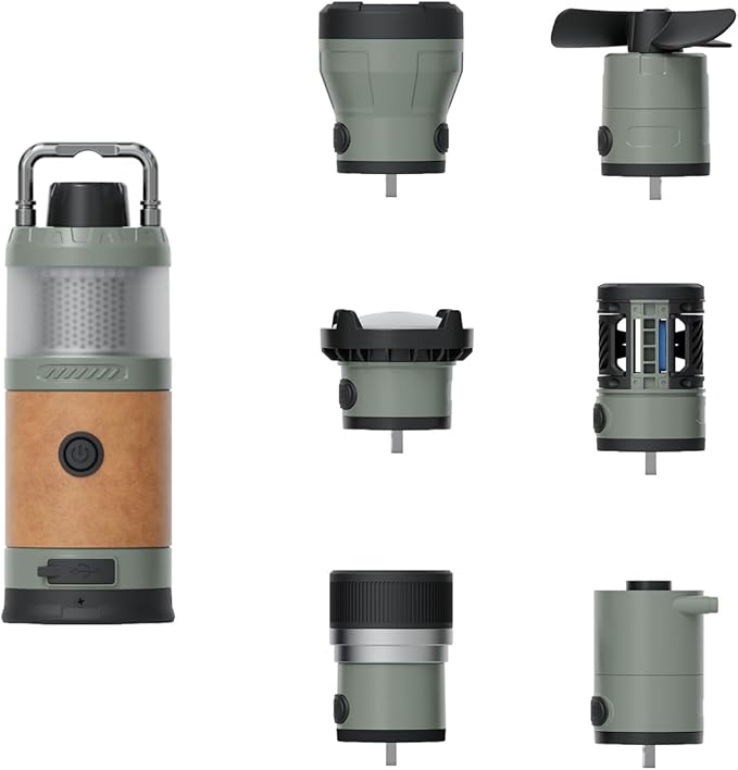 7-in-1 Modular Camping Lantern Rechargeable, 5000mAh, 500LM, IPX4 Waterproof, Fan, Bluetooth, Multi-Function Portable Flashlight, Camping Essentials Set for Emergency, Hiking, Fishing (Green)