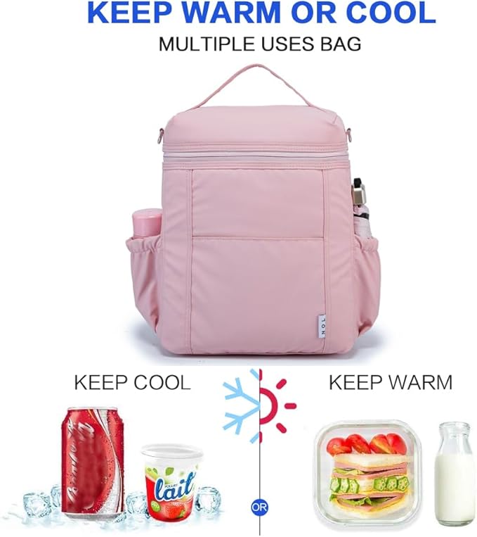 NOL Natural Organic Lifestyle Insulated Lunch Bags for Women Cooler Bag Lightweight Nylon Waterproof Lunch Box For Work (Pink, Large)