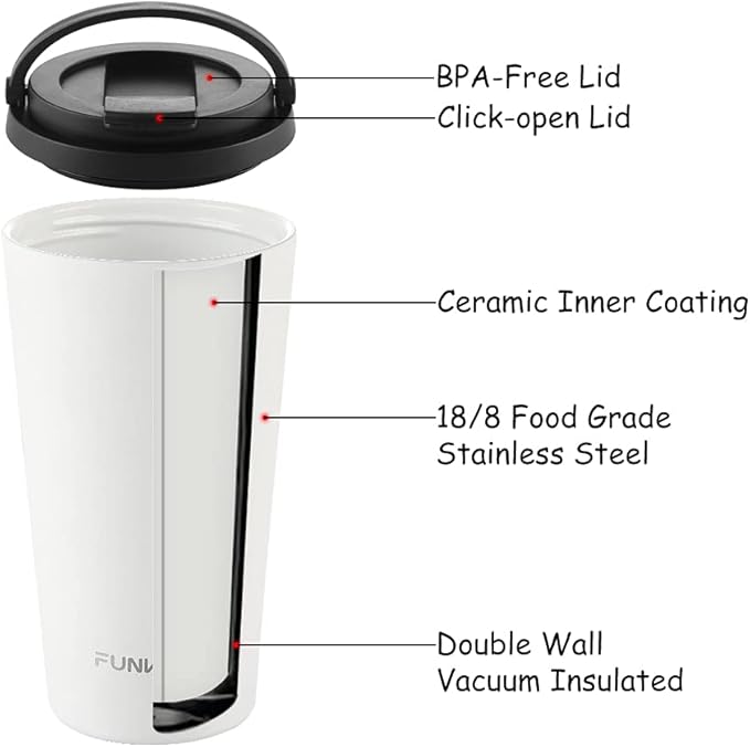 Funkrin Insulated Coffee Mug with Ceramic Coating, 16oz Iced Coffee Tumbler Cup with Flip Lid and Handle, Double Wall Vacuum Leak-Proof Travel Mug for Office School Party Camping