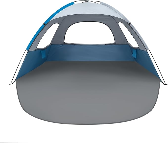 NXONE Beach Tent Sun Shade Shelter for 2-3 Person with UV Protection, Extended Floor, 3 Mesh Roll Up Windows & 8.0mm Fiberglass Rods丨Carry Bag Included (Blue White)